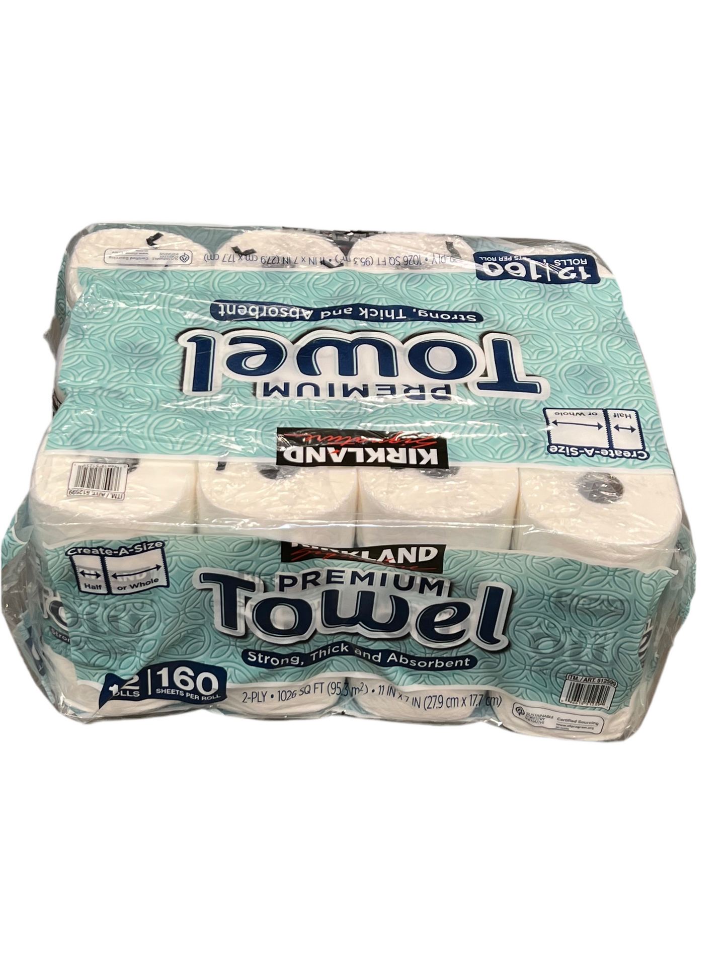 Kirkland Signature Paper Towels, 2-Ply, 160 Sheets, (Bulk)12 Individually Wrapped Rolls