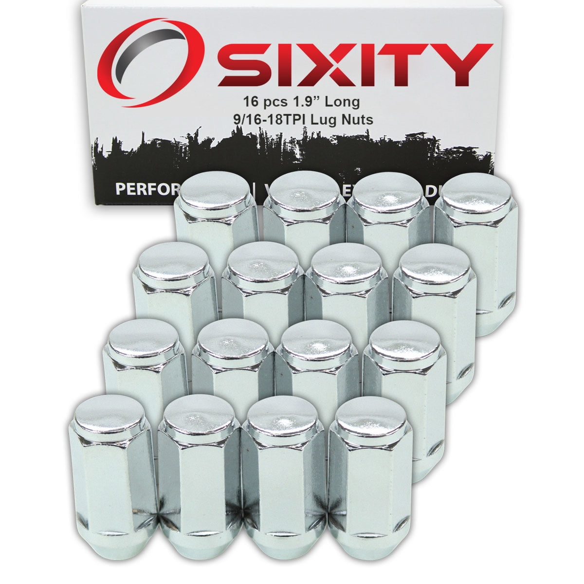 16 pc Sixity Chrome Bulge Acorn Wheel Lug Nuts - 9/16-18TPI 1.9" Long Capped