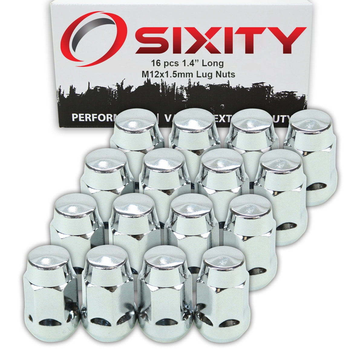 16 pc Sixity Chrome Bulge Acorn Wheel Lug Nuts - M12x1.5mm 1.4" Standard Capped