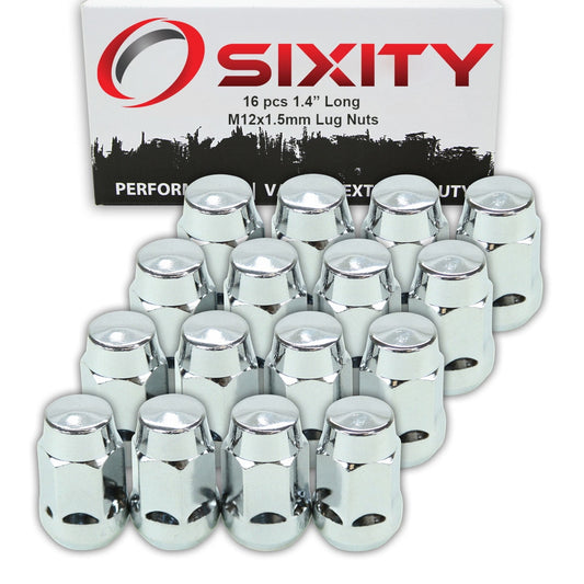 16 pc Sixity Chrome Bulge Acorn Wheel Lug Nuts - M12x1.5mm 1.4" Standard Capped
