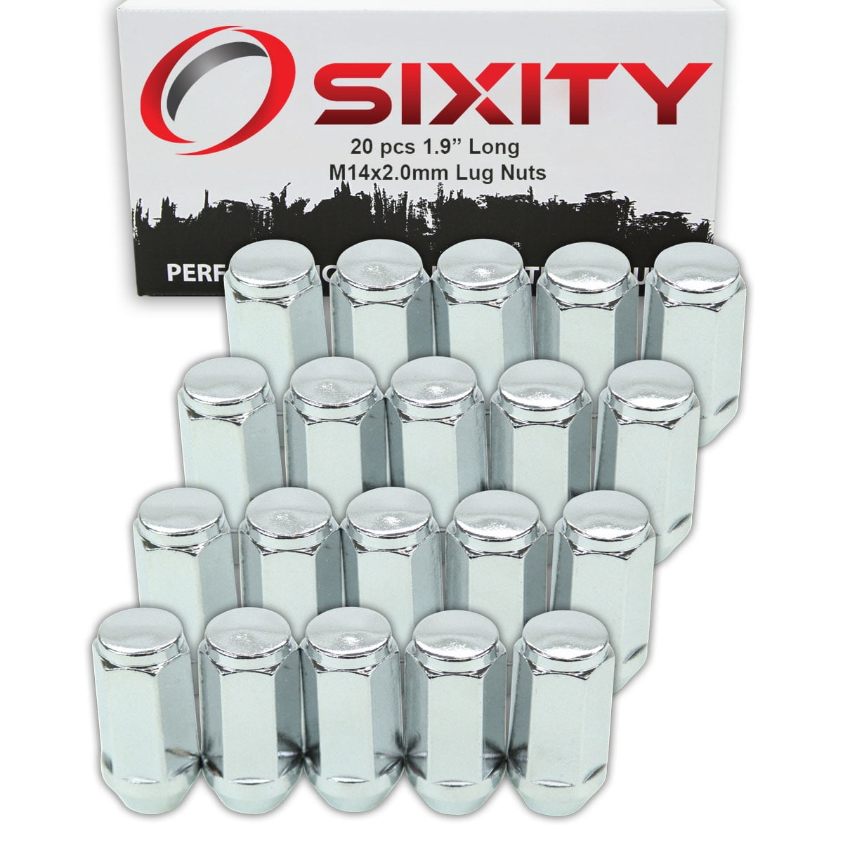 20 pc Sixity Chrome Bulge Acorn Wheel Lug Nuts - M14x2.0mm 1.9" Long Capped