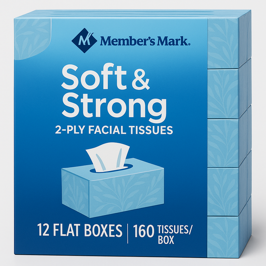 Member's Mark Soft & Strong 2-Ply Facial Tissues, 12 Flat Boxes, 160 tissues/box