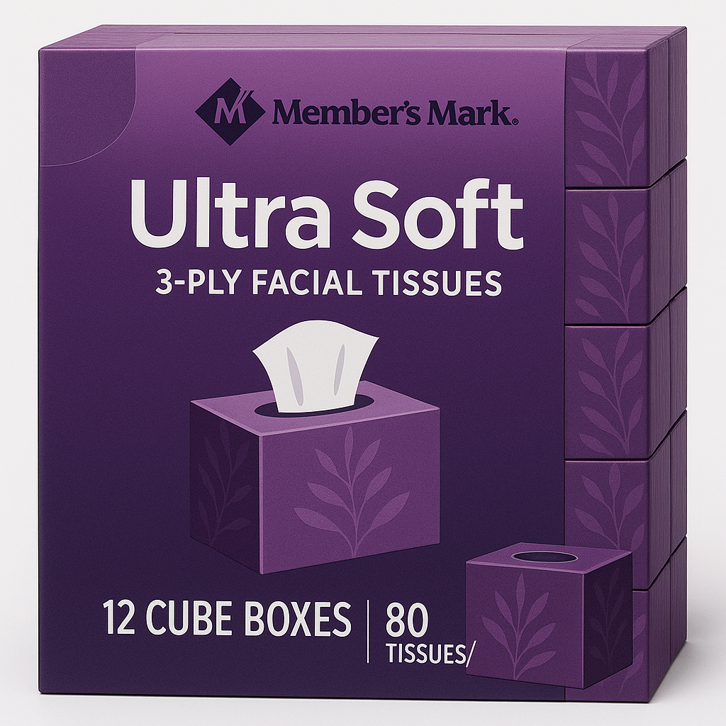 Member's Mark Ultra Soft 3-Ply Facial Tissues, 12 Cube Boxes, 80 tissues/box