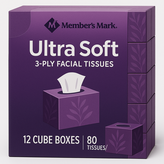 Member's Mark Ultra Soft 3-Ply Facial Tissues, 12 Cube Boxes, 80 tissues/box