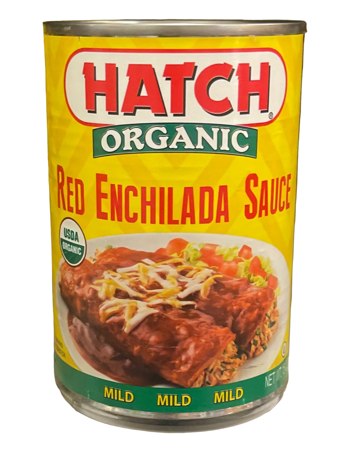 Can of Hatch Organic Red Enchilada Sauce on a grocery store shelf with other canned goods.