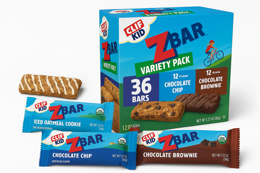 Clif Kid Organic ZBar, Variety Pack, 1.27 oz, 36-count (Costco)

Iced Oatmeal, Chocolate Chip, Chocolate Brownie Flavors