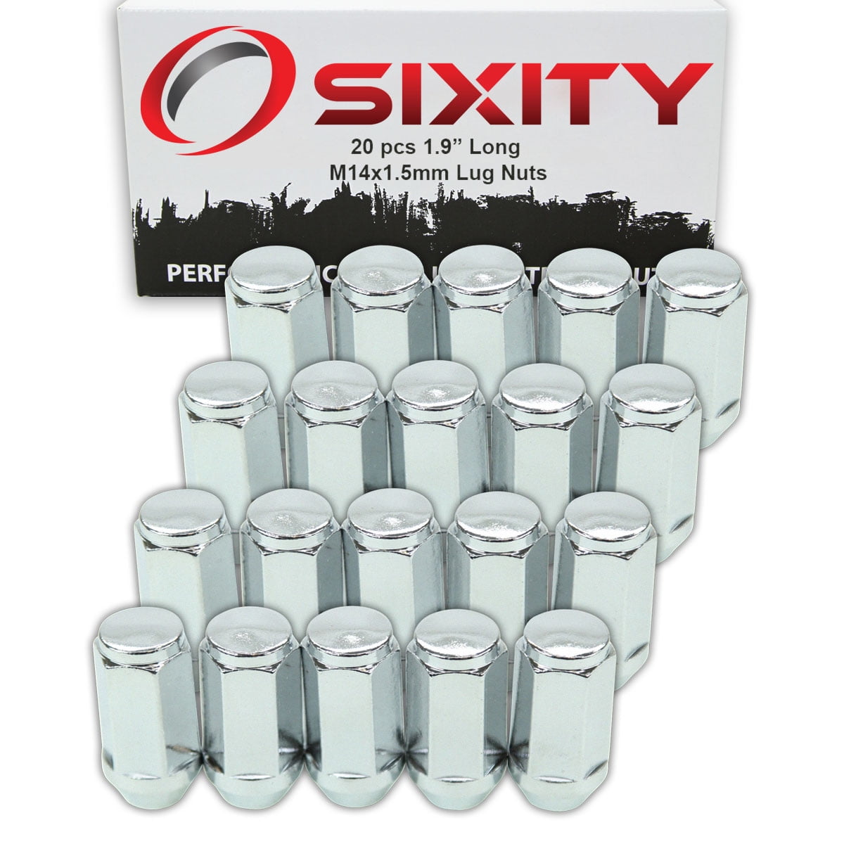 20 pc Sixity Chrome Bulge Acorn Wheel Lug Nuts - M14x1.5mm 1.9" Long Capped