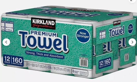 Kirkland Signature Paper Towels, 2-Ply, 160 Sheets, (Bulk)12 Individually Wrapped Rolls